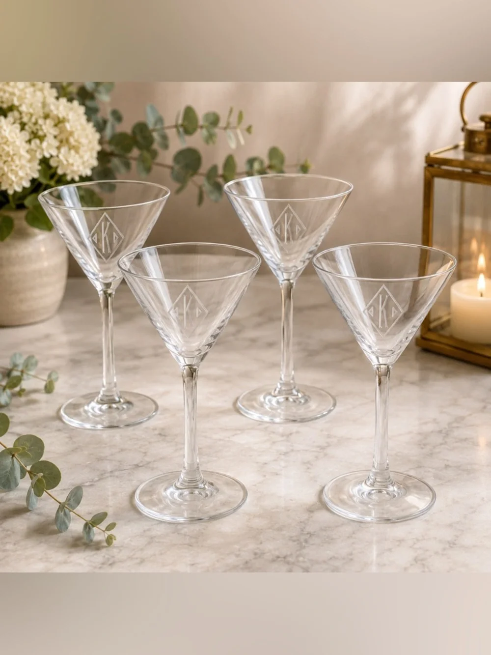 🔍 Vintage Etched Monogram (4) Martini Glasses Diamond